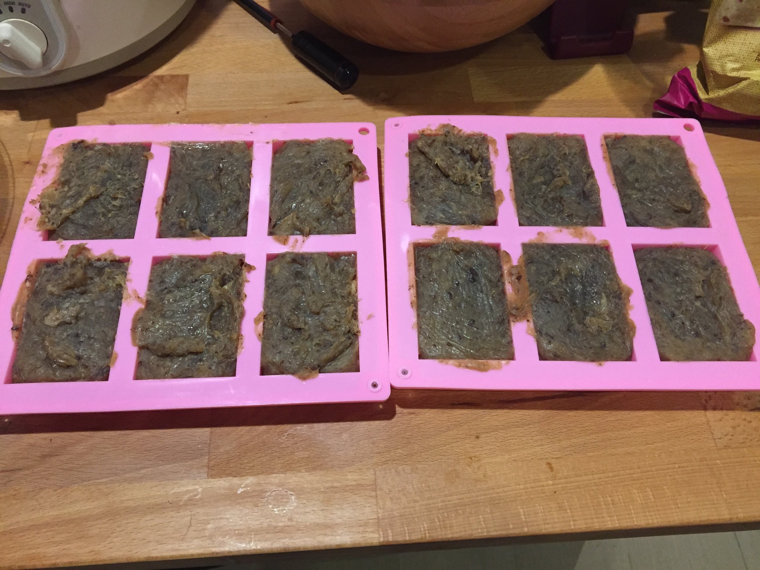 The last step is to transfer the soap into a silicon mould to cool for at least two days. &nbsp;The color of this batch is actually darker than the photo above since they are different batches - one with a saison and no spent grain above and one wit…