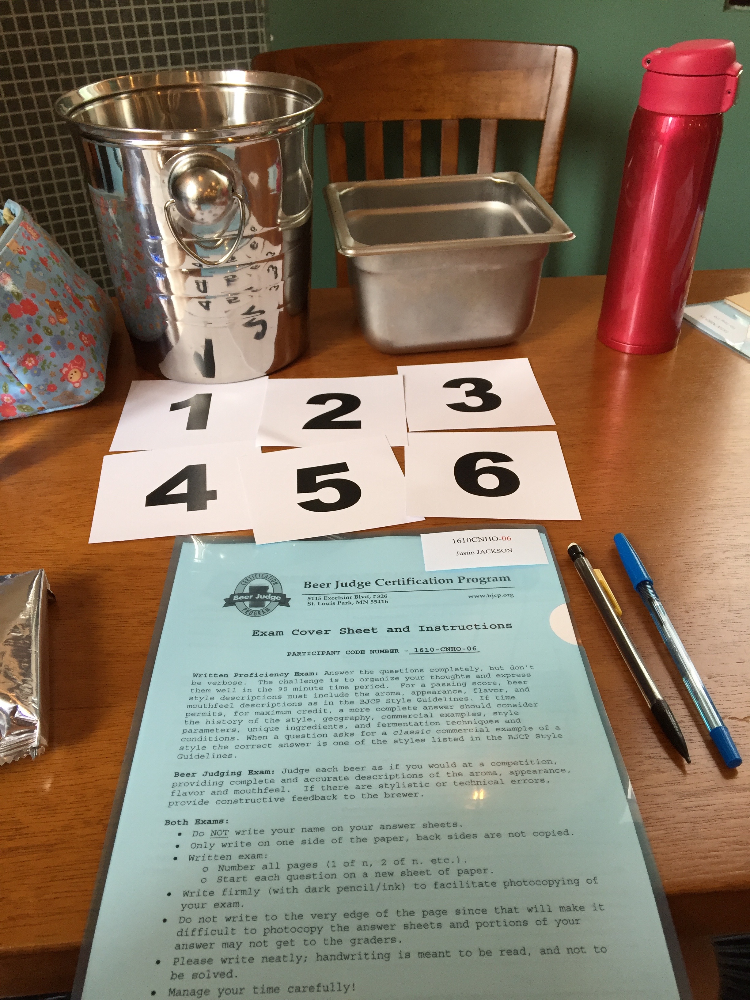 Each station had blank scoresheets, places for the six samples, crackers to cleanse the palate, and a spit bucket. 