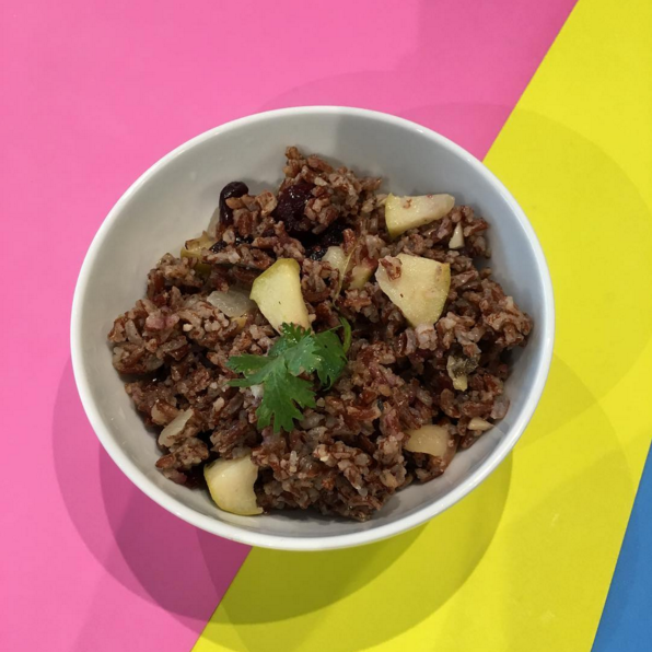 (gluten free, dairy free, nut free, soy free) wild rice, apple, dijon mustard, olive oil, parsley, oregano, rosemary, bay leaves, onions, garlic, cinnamon, cranberries, apple cider vinegar, salt & pepper