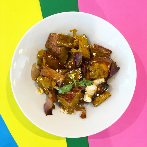 (gluten free, nut free, soy free) pumpkin, red onion, olive oil, honey, feta cheese, chili flakes, salt & pepper