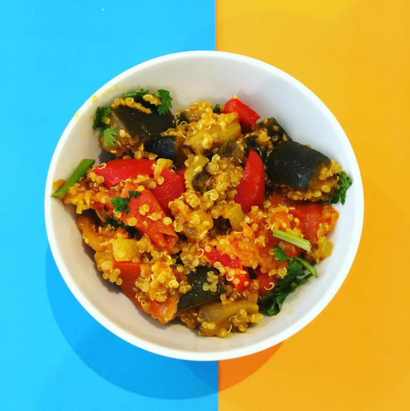 (gluten free, dairy free, nut free, soy free) eggplant, olive oil, onions, tomato, red bell pepper, garlic, paprika, turmeric, quinoa, salt & pepper