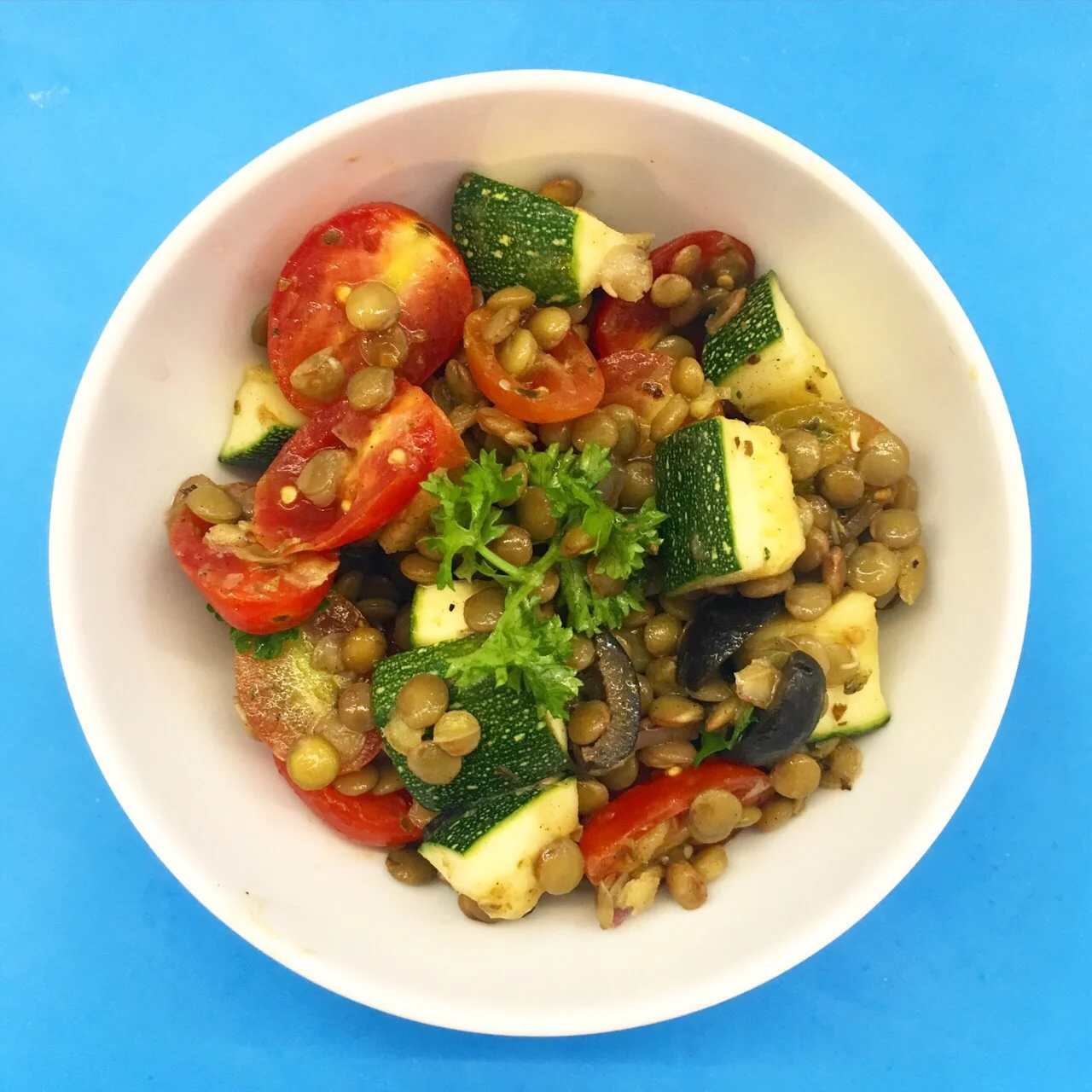 (gluten free, dairy free, nut free, soy free) zucchini, cherry tomato, lentil, lemon, olives, onion, olive oil, oregano, salt & pepper