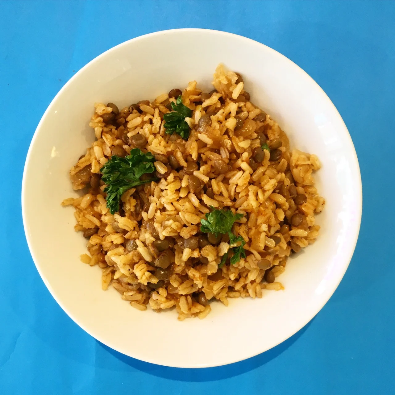 (dairy free, nut free, soy free) brown rice, lentils, olive oil, onions, paprika, salt & pepper