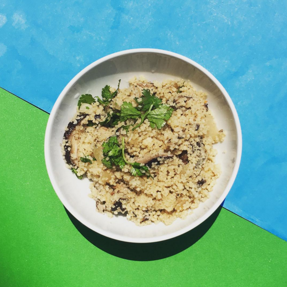 (dairy free, nut free, soy free) couscous, shiitake mushroom, garlic, onion, parsley, olive oil, salt & pepper