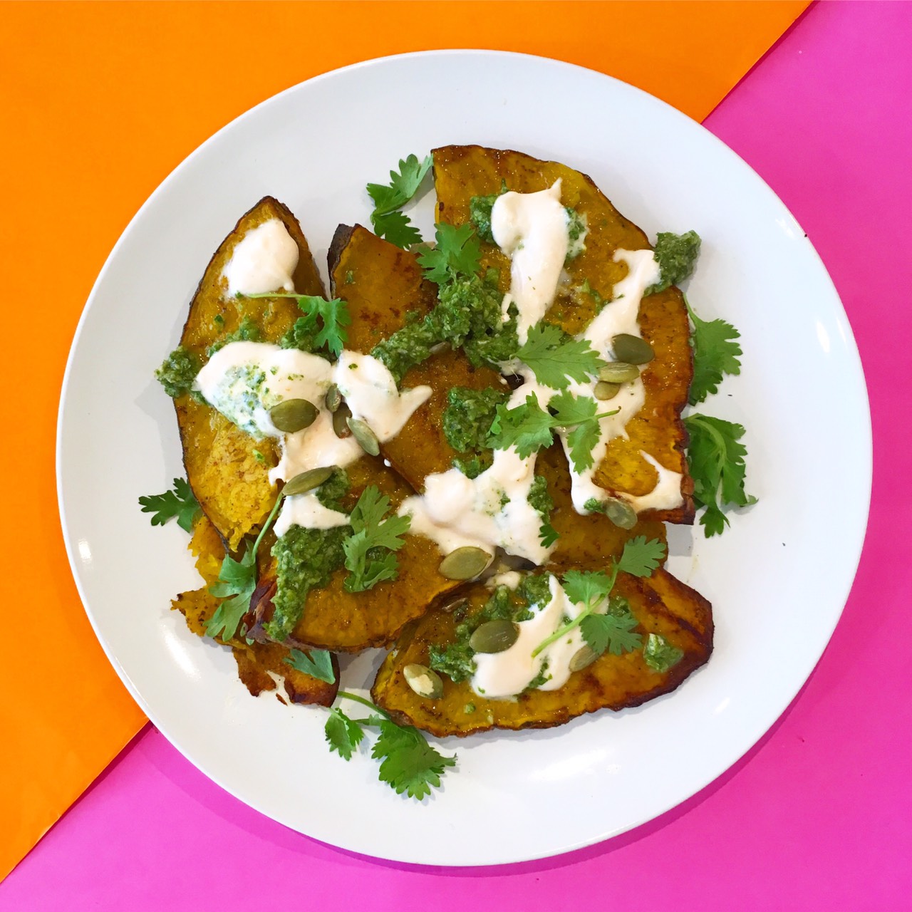 (gluten free, nut free, soy free) pumpkin, cinnamon, coriander, garlic, lime, yogurt, chili sauce, olive oil, salt & pepper
