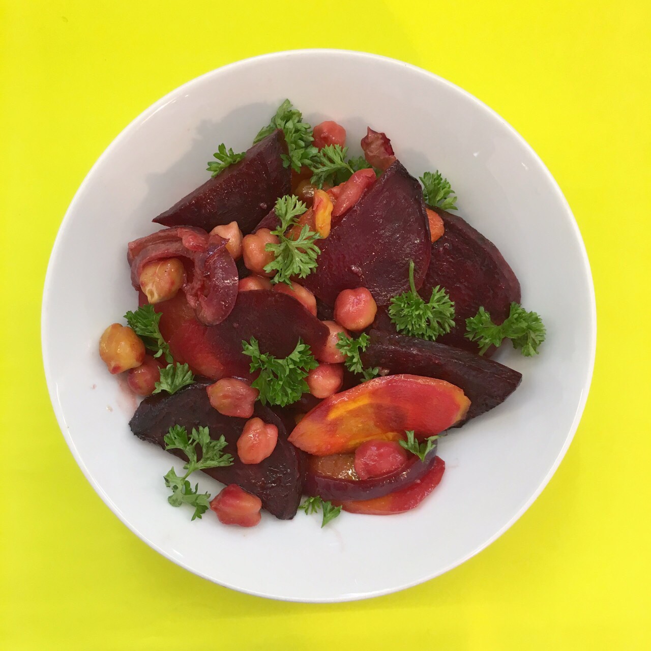 (gluten free, dairy free, nut free, soy free) beetroot, chickpea, carrot, olive oil, parsley, dijon mustard, lime, garlic, salt & pepper