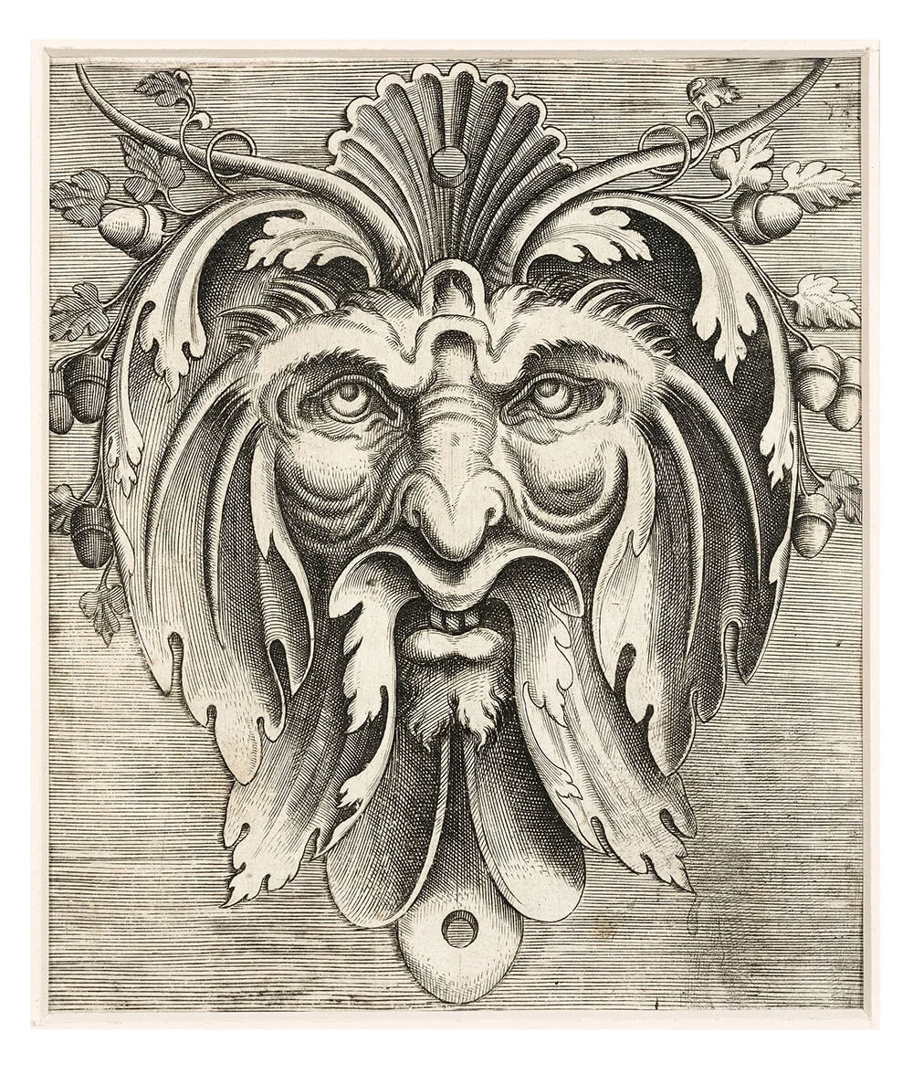 One of a set of twelve woodblock prints by Huy, c.1555, from a design manual depicting faces composed of elements from nature that leads to the style known as 'auricular'.