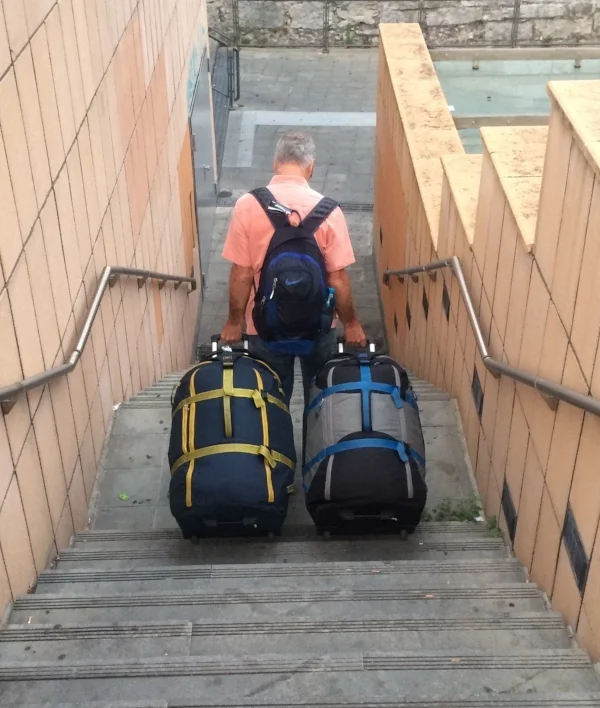 What goes up, must come down! Everywhere we've been there have been stairs and cobbled streets - hard on us, but notour REI super-suitcases!
