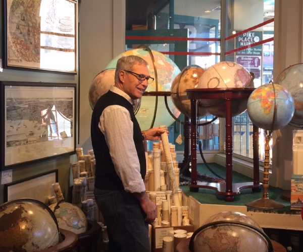 Having fun at Metsker Maps in the Pike Place Market. A travelers dream store.