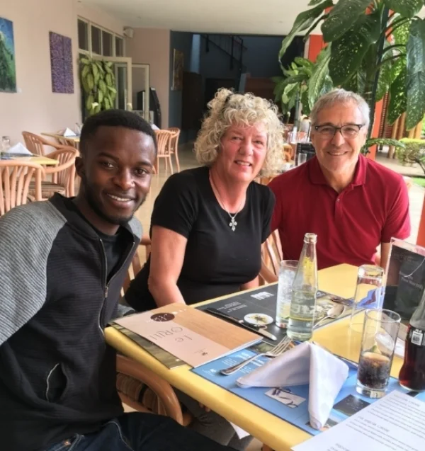Our delightful new friend Gadi. We are having lunch at the infamous Hotel Des Mille Collines.