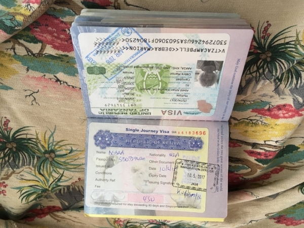 The necessary visas for Kenya and Tanzania - our passports are looking very official these days.