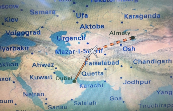 Keeping track of our flight from Dubai to Almaty, Kazakhstan. Where?
