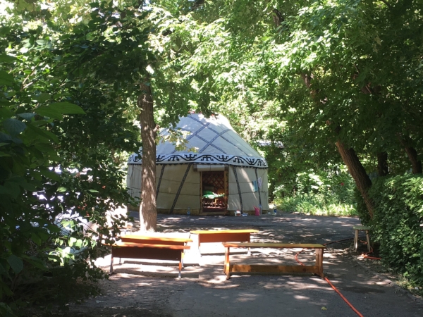 Here is the yurt that sat in our parking lot for three days of mourning for someone who lived (and died) in our building. Sometimes the benches were full women waiting to go inside and see the body and cry loudly. Men had to stay outside and smoke and be serious.