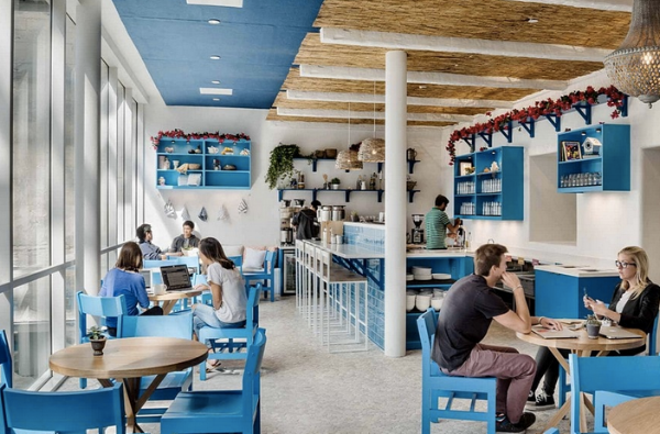 There are cafes scattered throughout the buildings. This is the Santorini near where we sit.