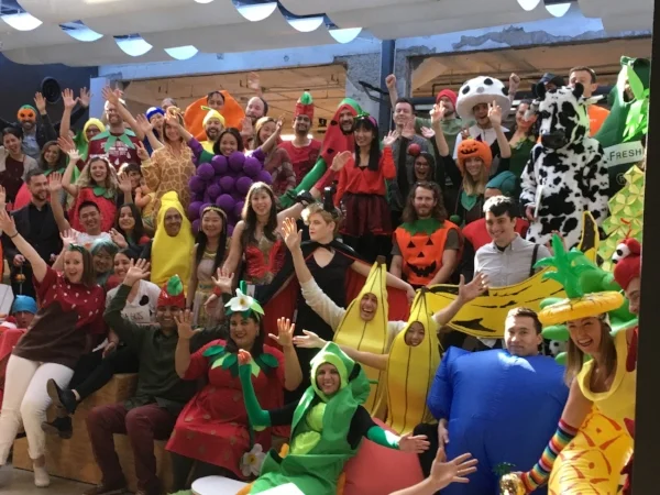 Who wouldn't want to hang out with this bunch? Fruit and Veg was the Halloween costume theme for the third floor where we sit - not pictured are the many dogs, also in costume.