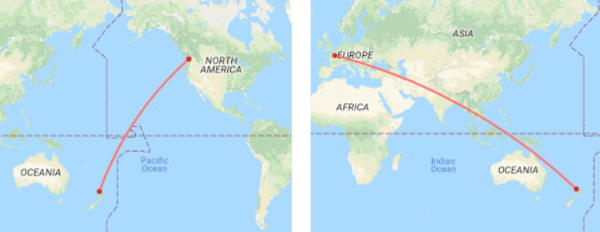 Route A - from Los Angeles to Auckland is 6,500 miles. Route B from Paris to Auckland is almost twice as far. A chance to see the grandkids won in the end so we took the long way.