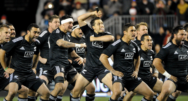 The famous New Zealand All Blacks Rugby team perform a terrifying Haka in front of their quaking opponents at the beginning of every match. Run for it! 
