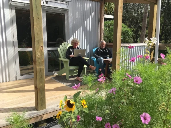 Catching up on the news from home on the porch of our garden retreat. We had sun and rain mixed for our visit to Portobello.