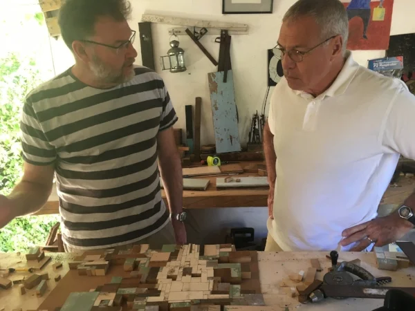 Scott sharing his technique with us in his backyard studio. His wood mosaics are stunning.