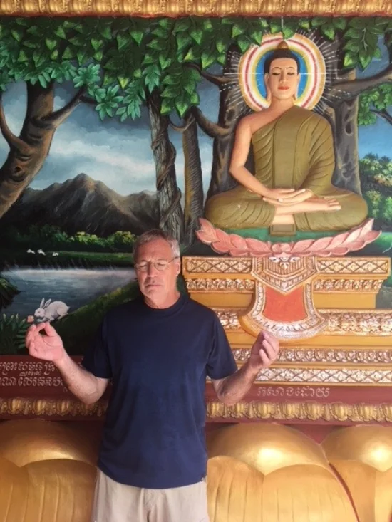 Michael finding inner peace before dealing with our canceled flight.