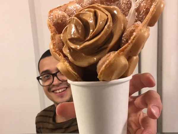 A Dulce de Leche ice cream flower planted firmly in a fresh bubble waffle instead of a cone. Amazing.