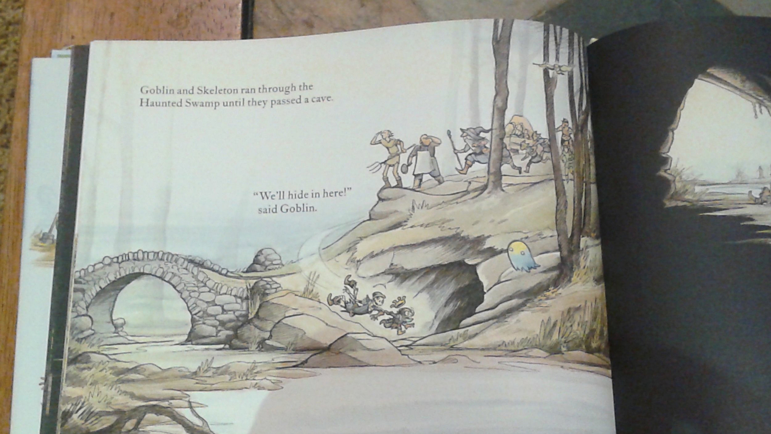 Excerpt from Nobody Likes a Goblin by Ben Hatke; Thumbnail image above post includes a Haba goblin, the Queen Dragon plus baby dragons from the Lego Elves series and a mushroom ghost. These items happened to be lying around near my copy of the book and seemed appropriate. And, yes, my coffee table has a lot of stickers on it.