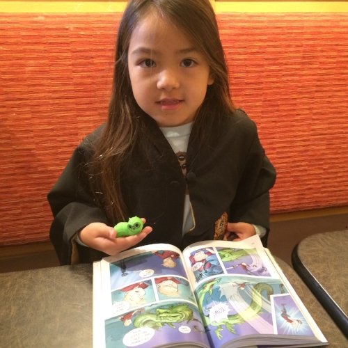 Let's see how many fandoms we can include: Little Lion is reading Mighty Jack while holding our bookworm from Lalaloopsy and wearing her Hufflepuff cloak over her Finding Dory shirt. Above gallery shows Little Lion battling our own garden, with a light saber, of course.