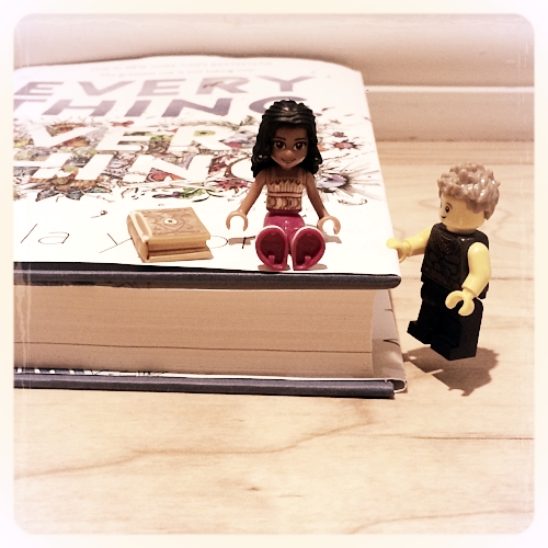 Maddy and Olly as Lego Minifigures from Everything, Everything. Olly is going into half-cat.(a parkour position), I'm told. In above thumbnail, Olly is doing a safety-up onto the book. And Maddie is reading, of course.