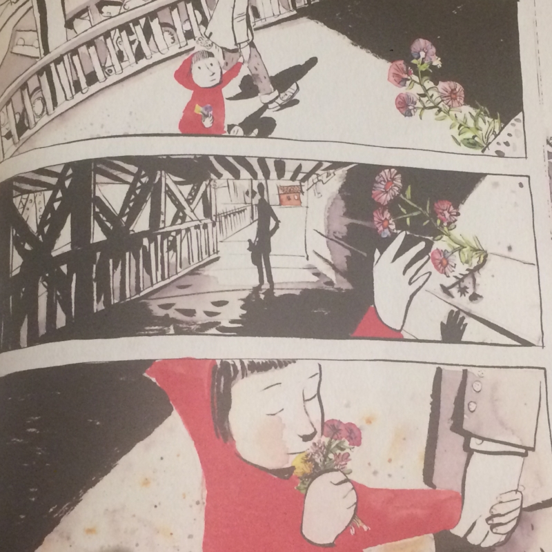 One of the beginning spreads in Sidewalk Flowers . I photographed the book above with Little Lion as Darth Vader because my quirky girl brings such joy to my world too. 