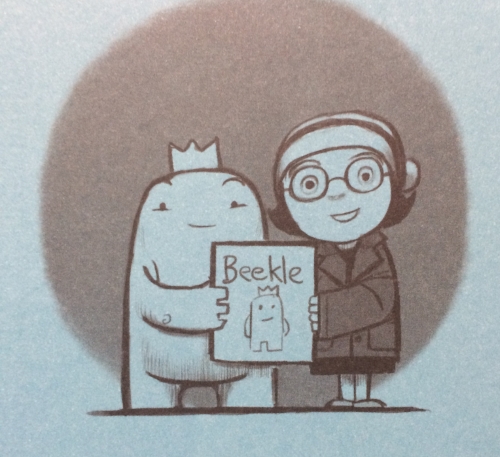 Beekle and Alice, from the end pages of The Adventures of Beekle by Dan Santat.