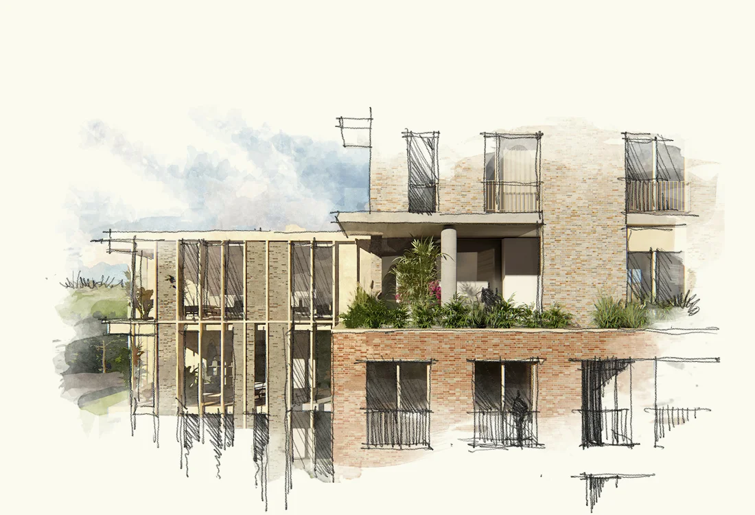 The linking building extends across the existing building to form a lightweight extension, whilst cutting into the new building to form a terrace. The link building has been designed to have a special foreign identity, a lightweight filigree structure with closing, void and brick infill.