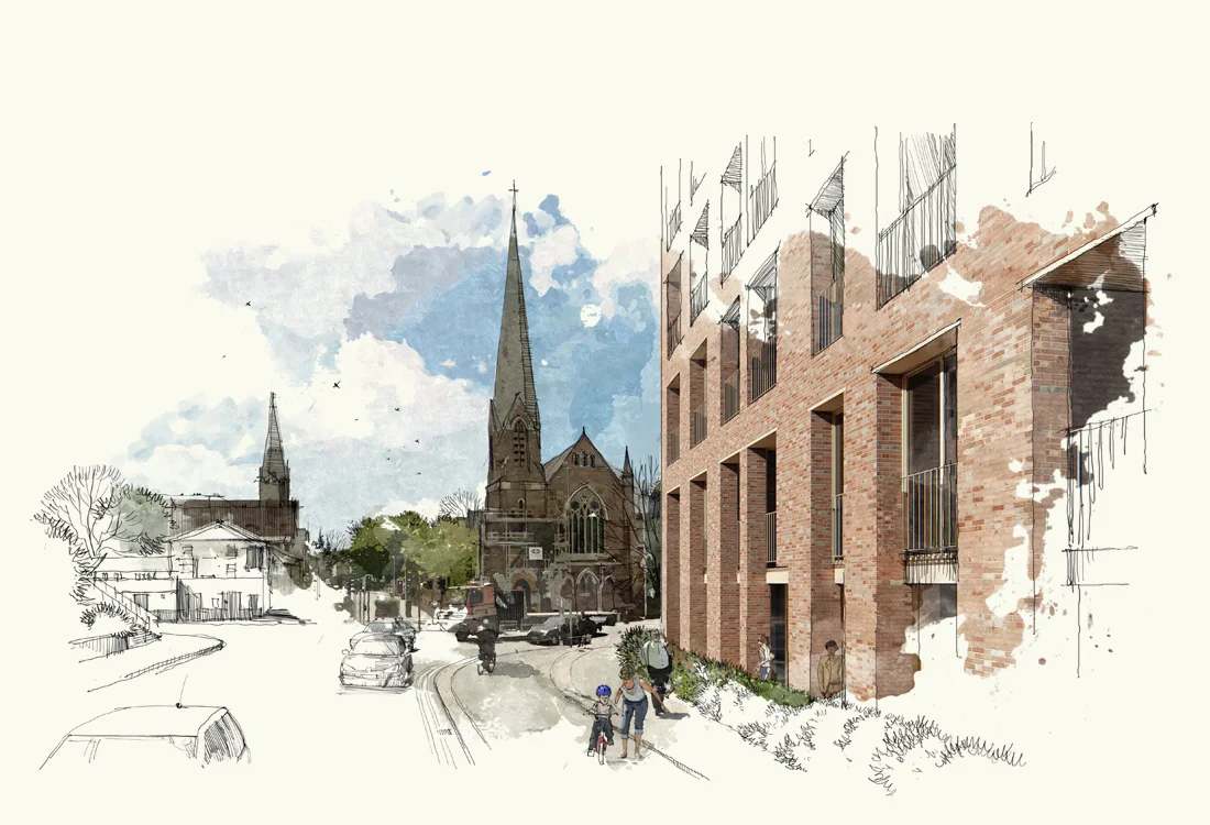 The base building has been designed to engage with the street at the aggressive junction. The double height ground and first floor expression accommodates inset terraces and balconies above.
