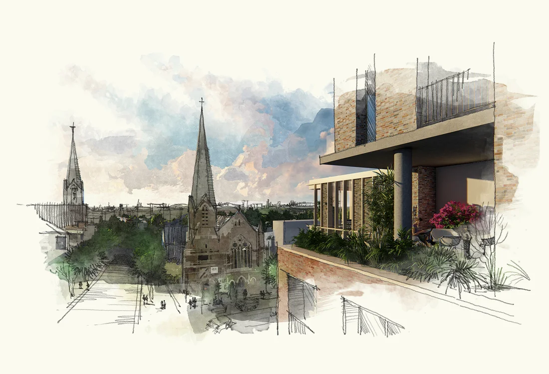The link building cuts into the upper building at the 5th floor which is augmented by a cut into the building and continuous roof terrace around the building creating a green highlight softening the rigorous language of the architecture.