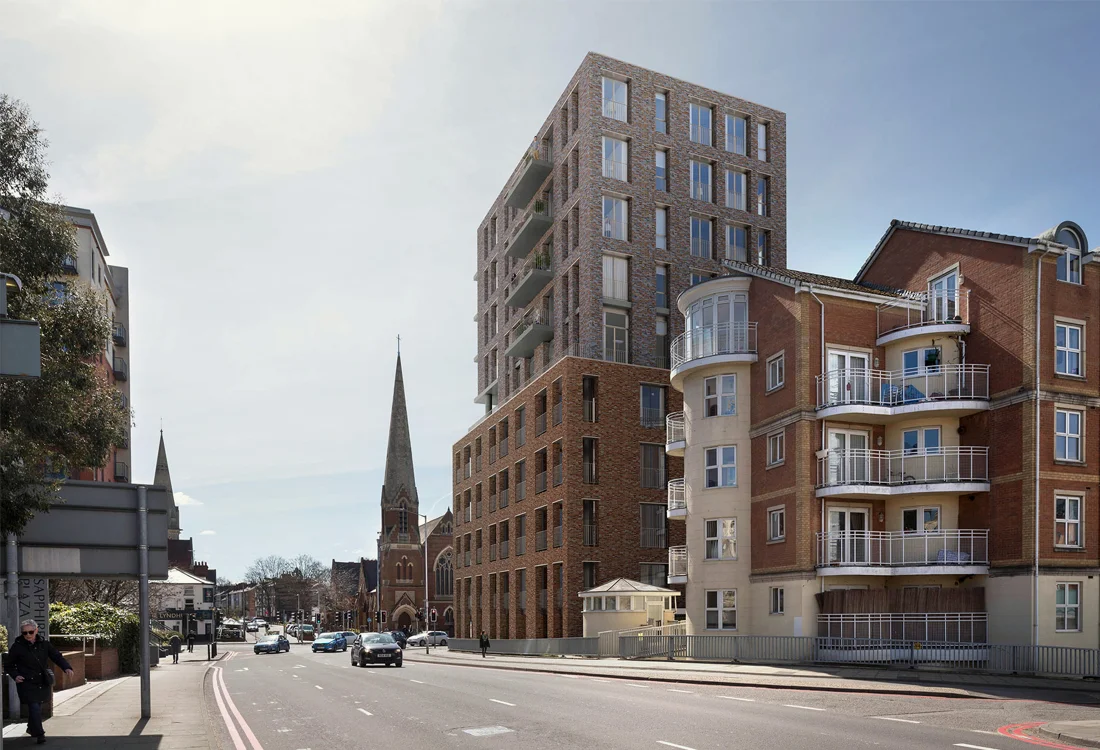 the upper floors have been set back to maintain a 5-storey shoulder on the street and respond to the views of the grade II listed Church.