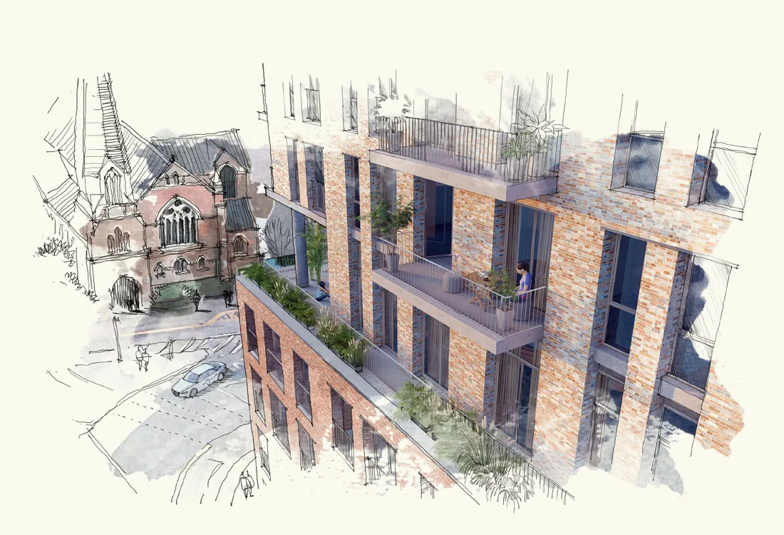 The upper building has external balconies to contract with the formality of the base building. The teller building becomes lighter with a greater proportion of grey bricks used in the blend.
