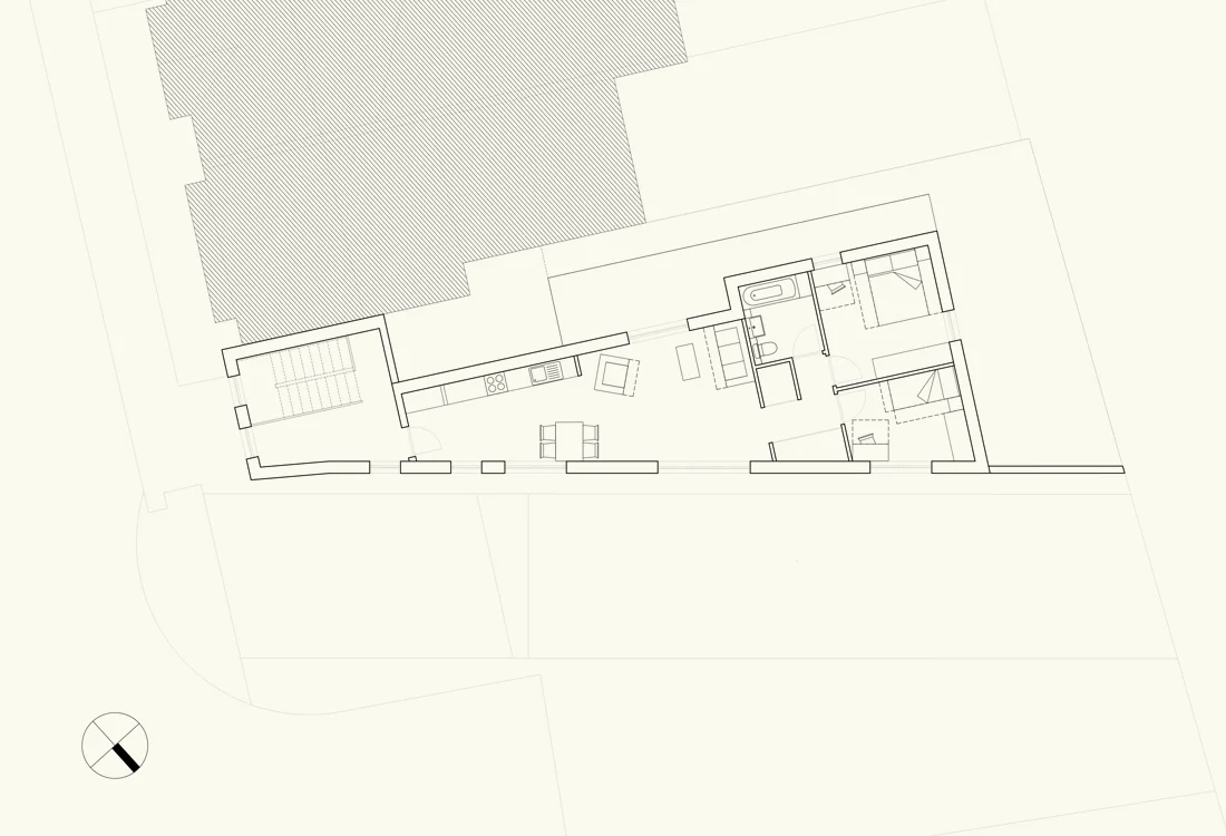 Second floor plan. This 2 bed 3 person flat has a private terrace to the south with long views to the south-east.