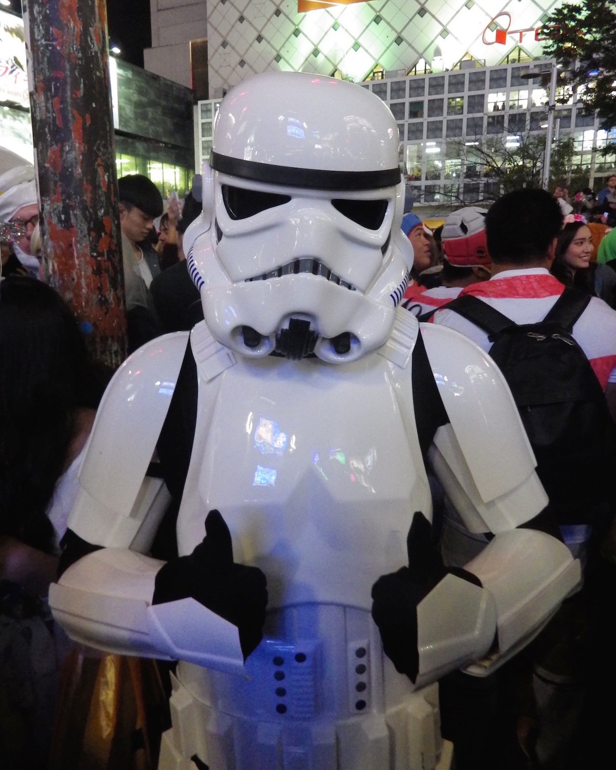 Shibuya cosplayer dressed as a Stormtrooper on Halloween Night 2015. This picture was taken right at Hachiko Crossing. Shades of Danny Choo, the original Tokyo Dance Trooper.