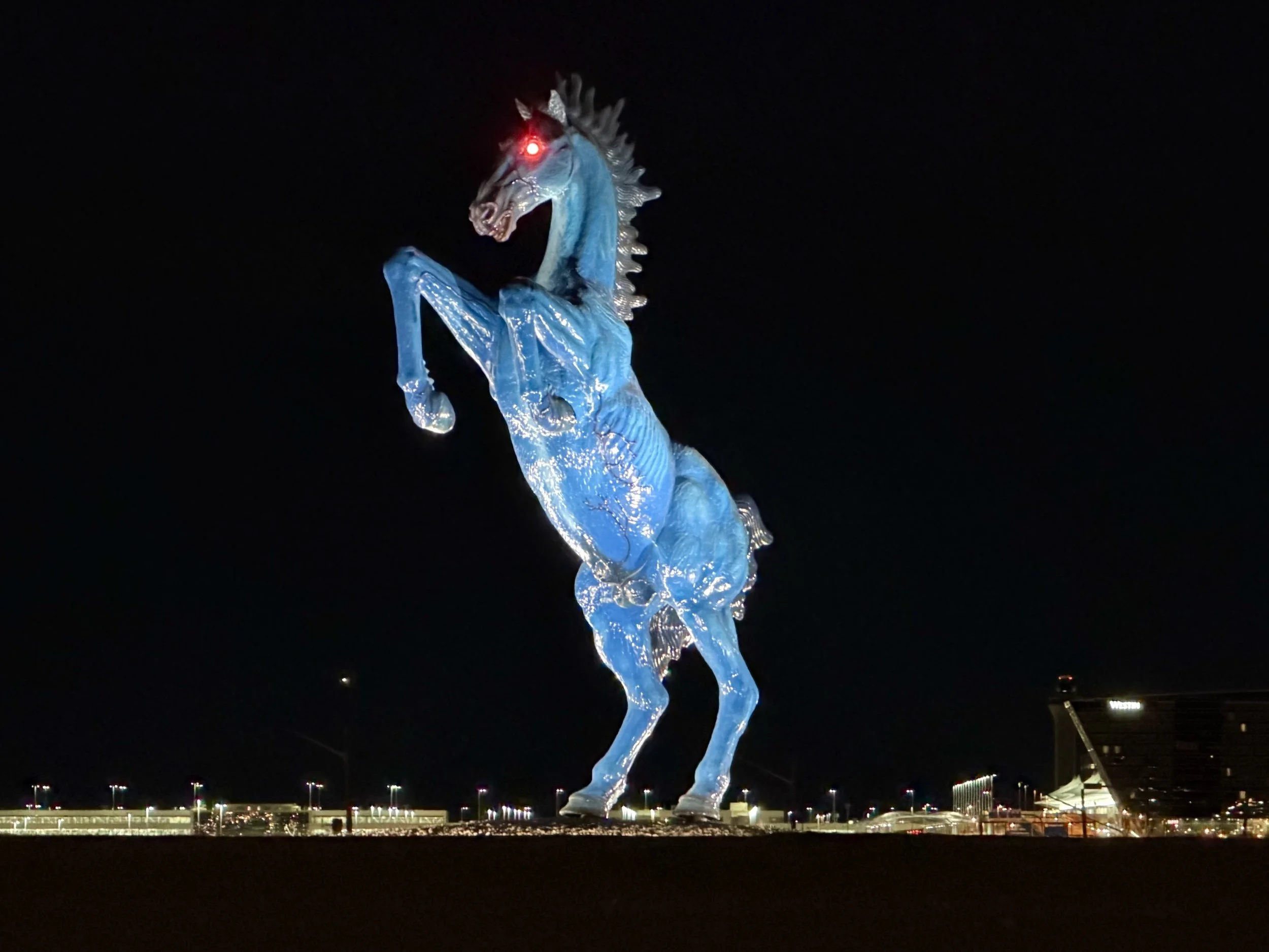 mustang blucifer horse sculpture red eyes night denver international airport