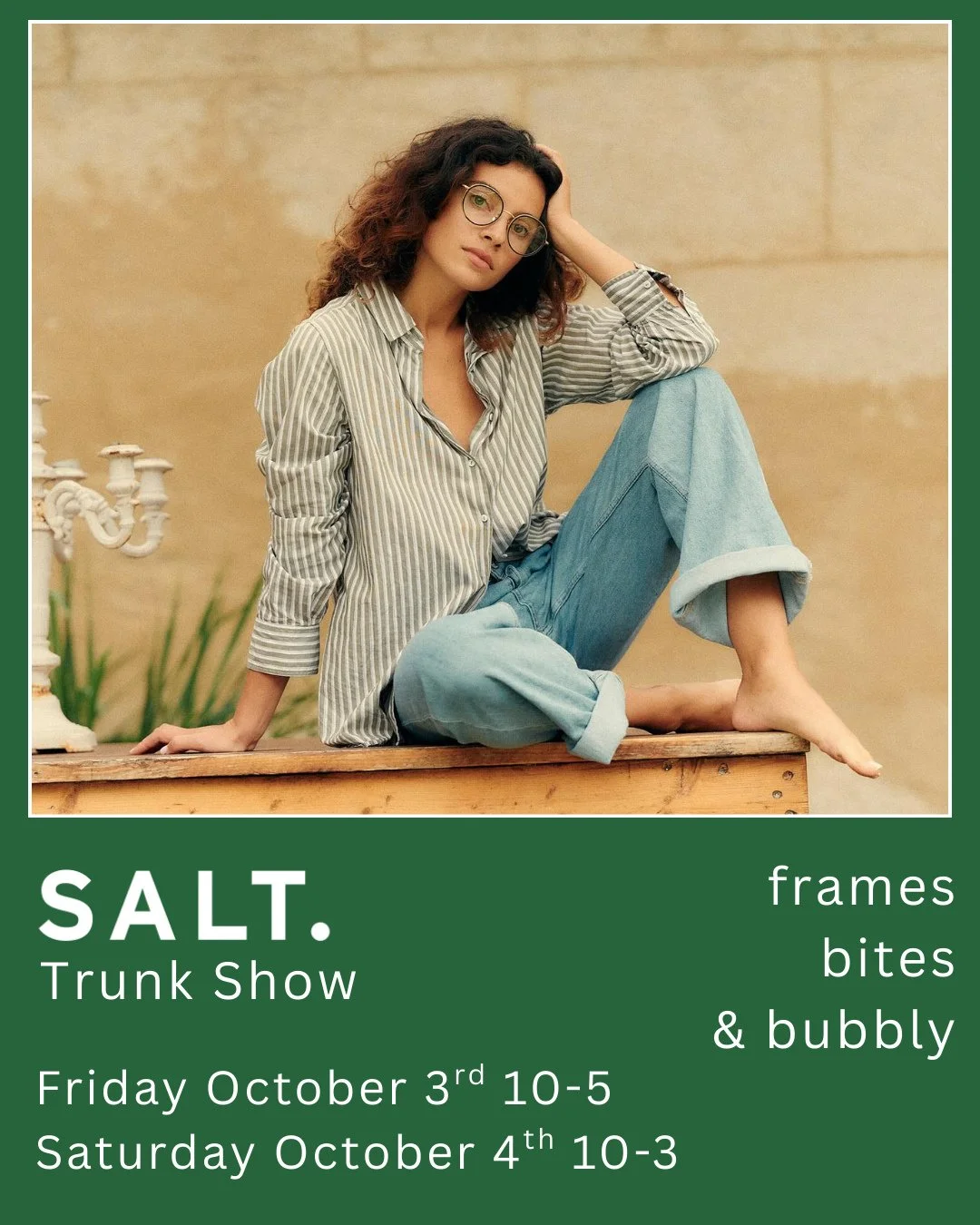 Tomorrow, SALT will be here with the entire collection! Their designs are inspired by nature's effortless beauty and built to last. Come check them out! 🕶️⁠
-⁠
Not able to attend this show? We will be hosting trunk shows all season long! Trunk shows