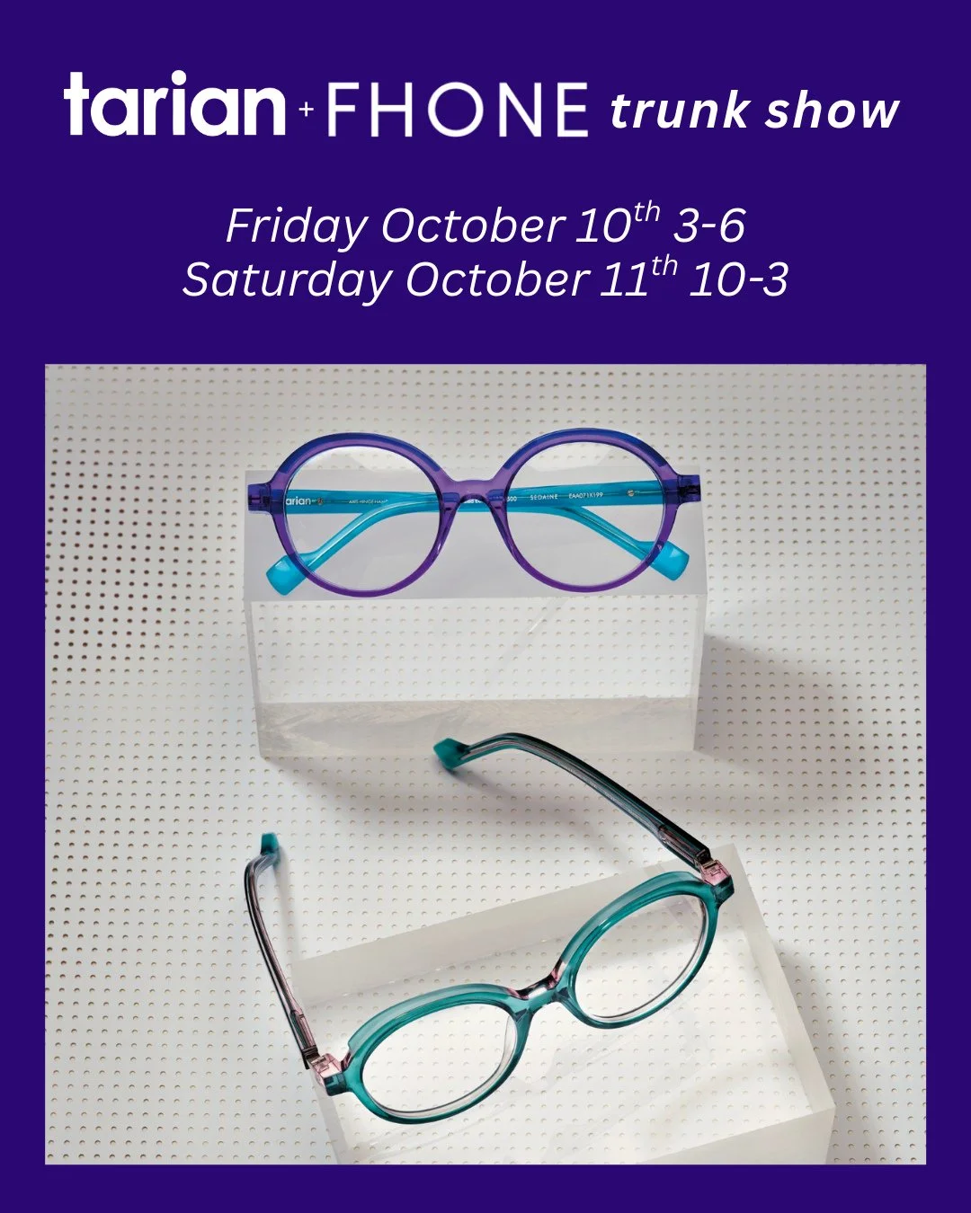 And so it begins! The Tarian and FHONE frames are here and set out. Come browse two beautiful collections with us and enjoy Frames, Bites &amp; Bubbly 🥂⁠
-⁠
*Friday show is 3-6pm* Not able to attend this show? We will be hosting trunk shows all seas
