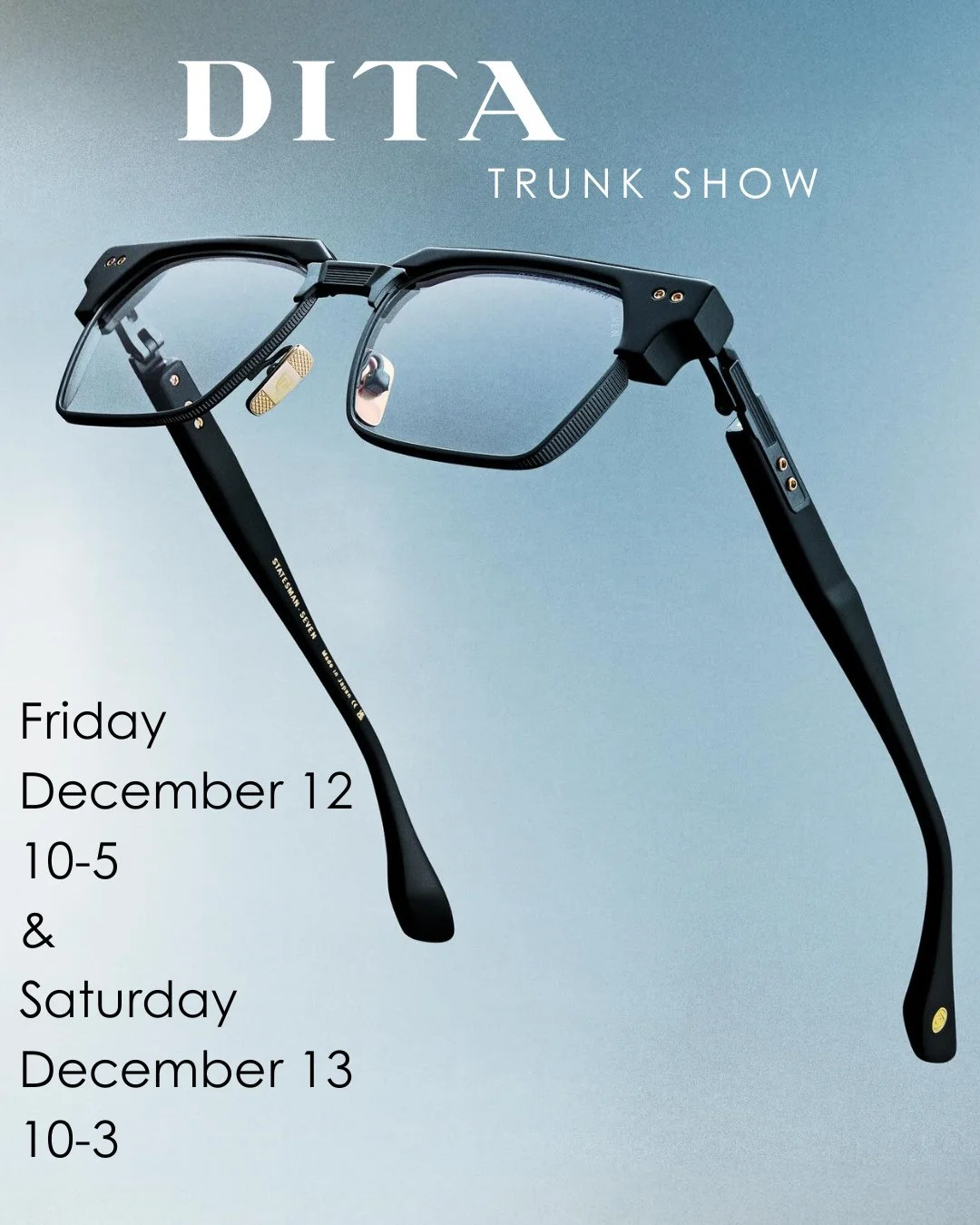 &quot;Perfecting the Art of Eyewear&quot;⁠
Explore new releases and cult classics at the Dita Trunk Show! 🥂⁠
-⁠
Trunk shows are open house style; no appointment necessary. Click the link in our bio to add the shows to your calendar! A portion of Dec
