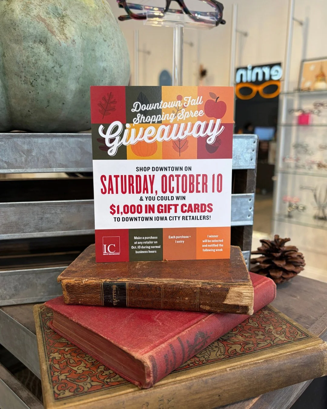 Shop with us tomorrow and enter to win $1,000 in Downtown Iowa City retailer gift cards 👓️🍂🛍️⁠
⁠
Check out @downtowniowacity for more information 👋