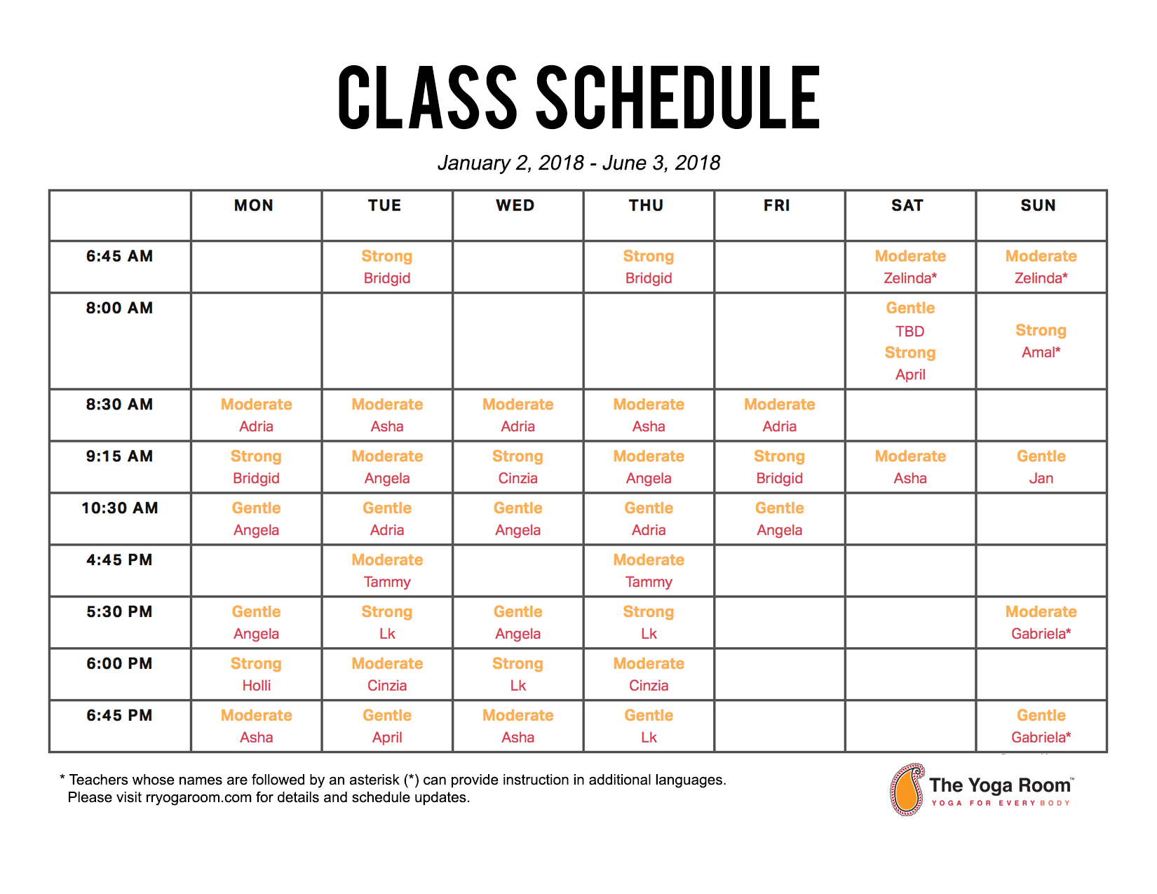 2018 Class Schedule The Yoga Room