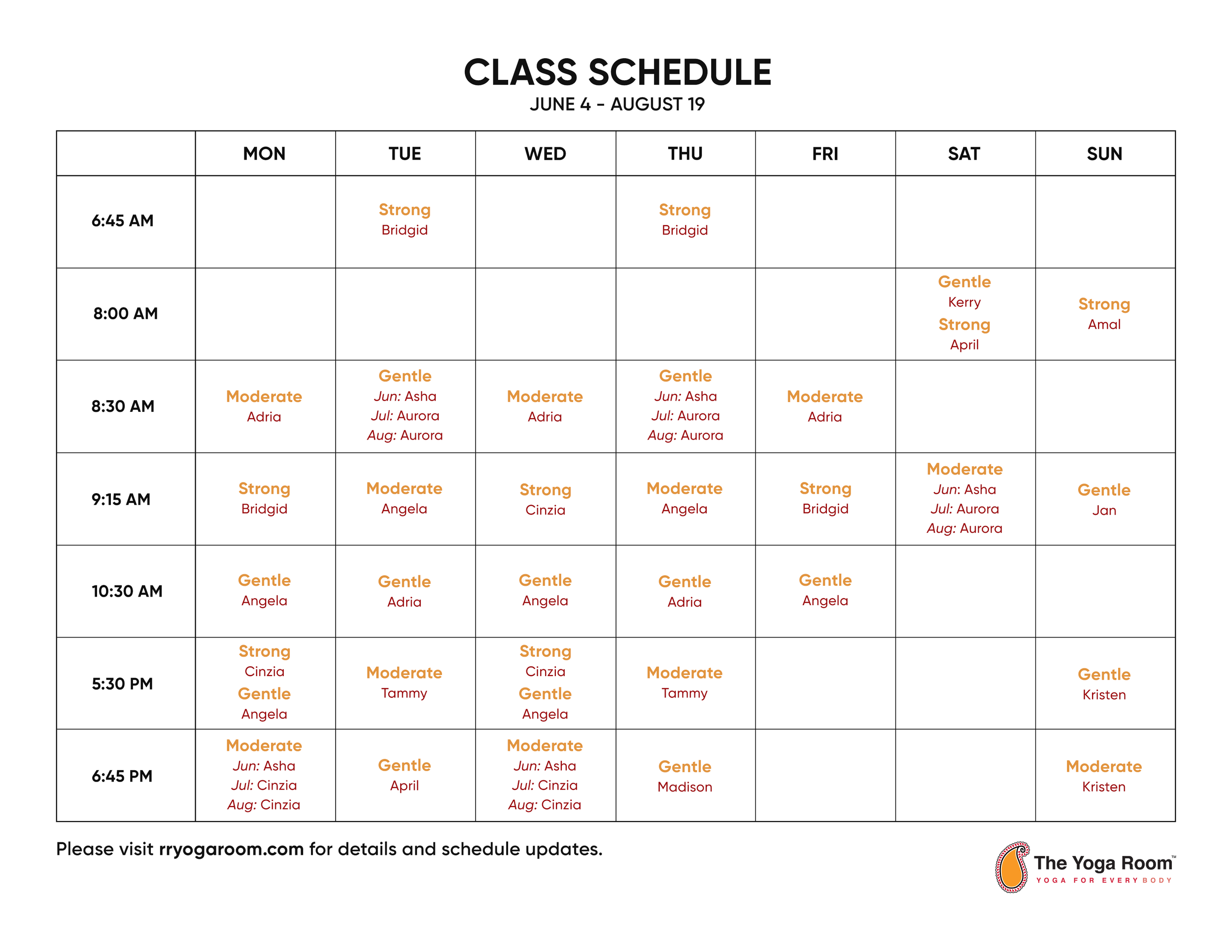 Summer Class Schedule The Yoga Room