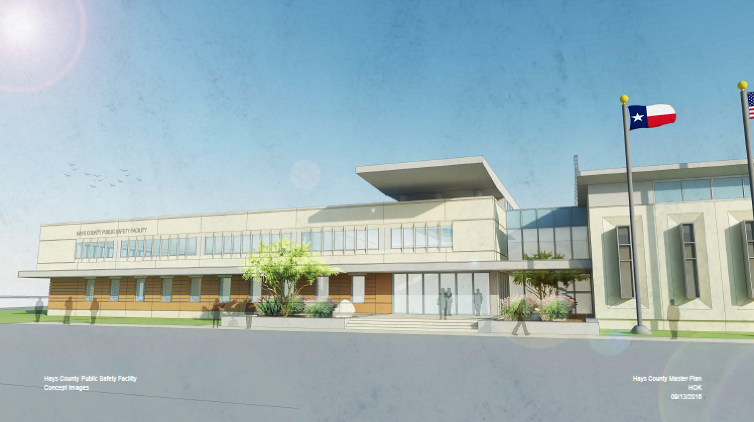 Rendering of the proposed HERO and Law Enforcement Center on the existing Hays County Government Center property.
