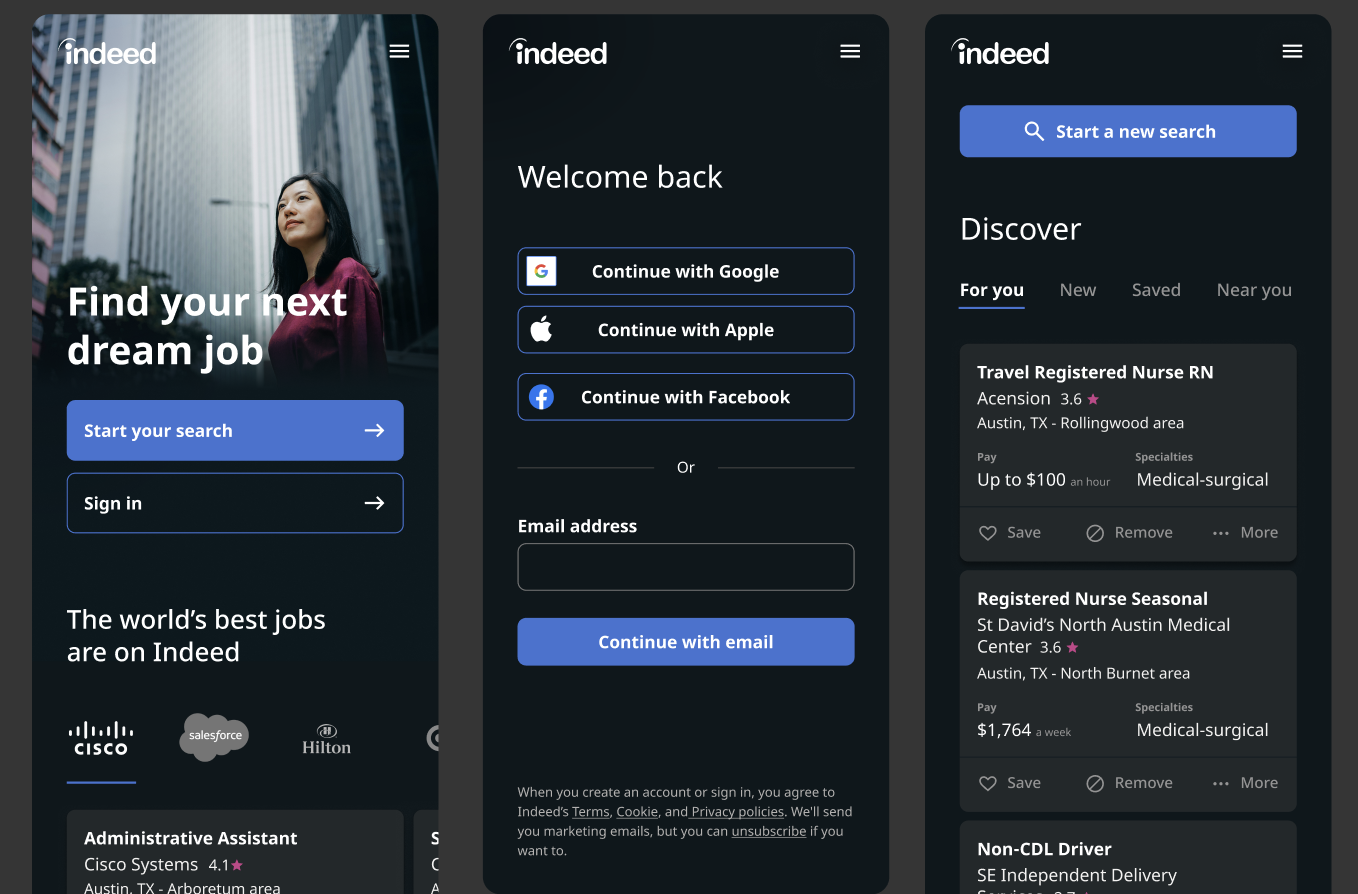 Screens from an end-to-end vision prototype created during planning with the head of job seeker products. 