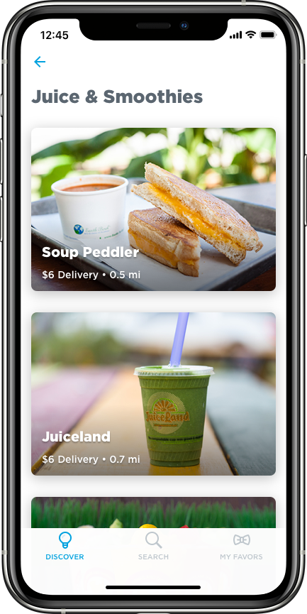 Mobile app screen displaying a menu of Juice & Smoothies, including a soup pedaler with a sandwich and a cup of soup, and Juiceland with a green smoothie.