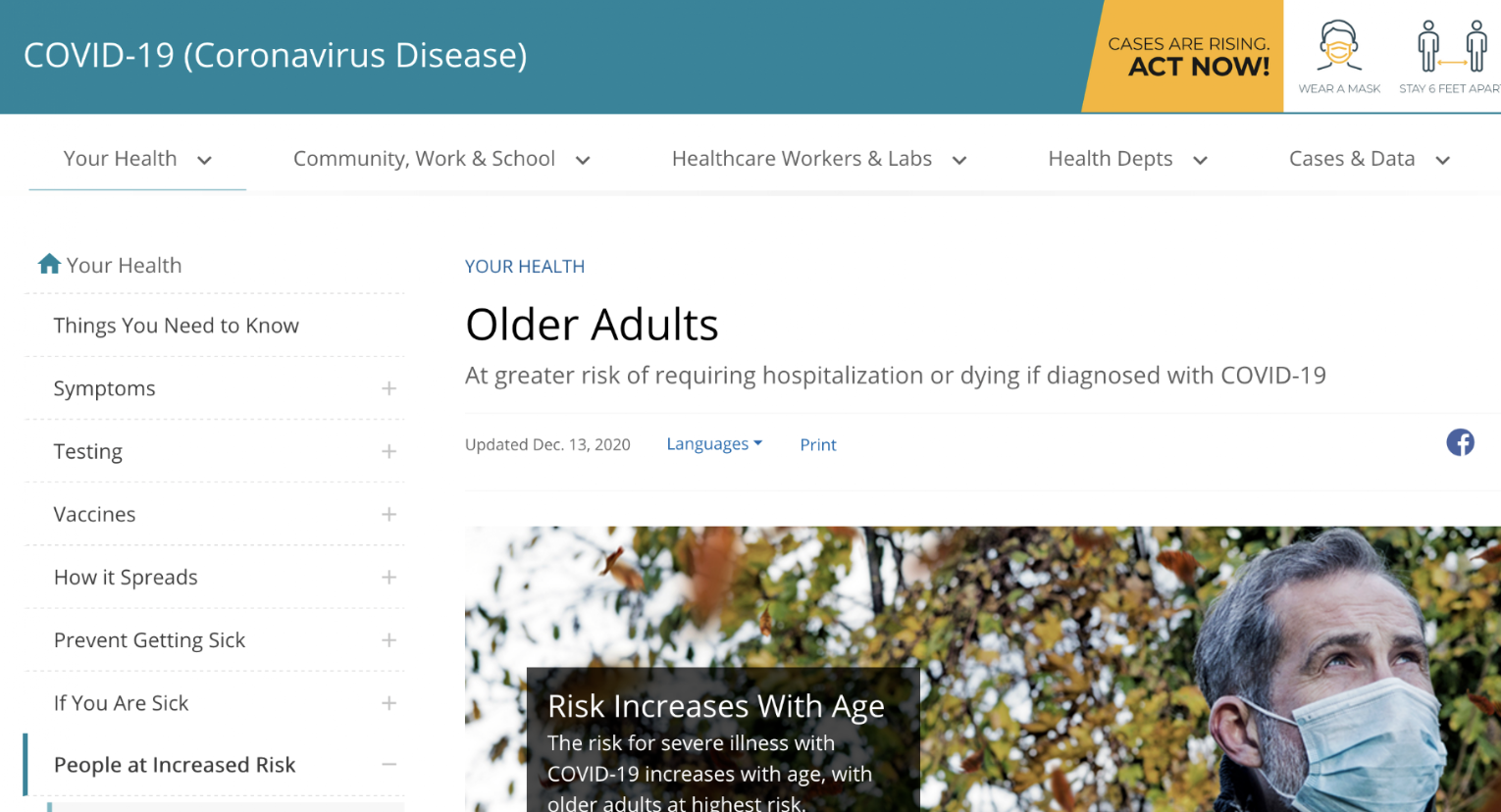 A man wearing a face mask looking to the side with trees in the background, on a COVID-19 informational webpage about older adults and risk increase with age.