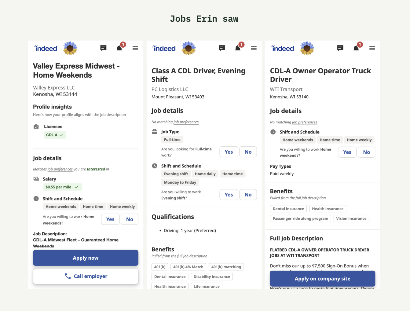 Three job listings for Erin saw posted on Indeed, featuring positions for Valley Express Midwest, PC Logistics LLC, and WTI Transport, including details on job requirements, benefits, and application buttons.