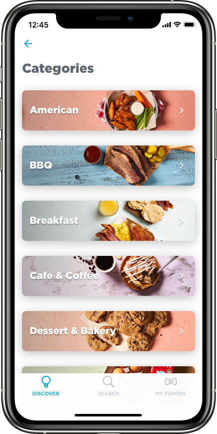 A smartphone screen displaying a food delivery app with categories including American, BBQ, Breakfast, Cafe & Coffee, and Dessert & Bakery.